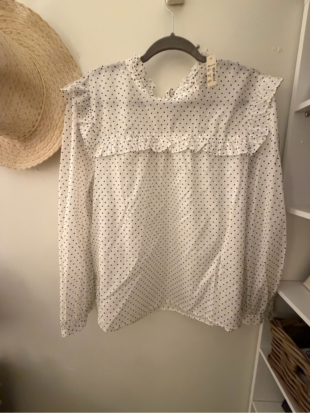 Madewell White Blouse with Black Polka Dots and Ruffle Yoke